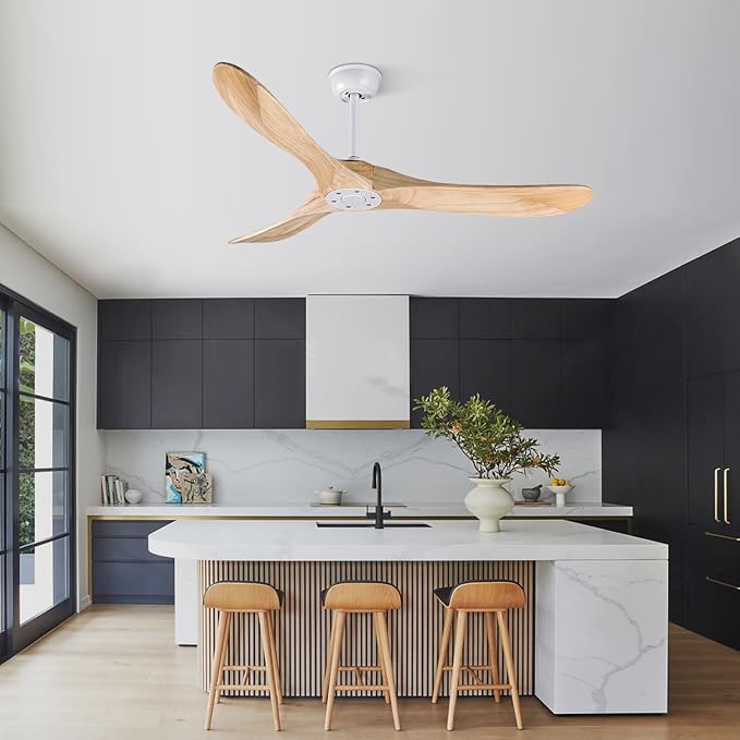 Bigzone 52" Modern Ceiling Fan No Light, DC Motor Energy Saving, 3 Solid Wood Blades, Outdoor Ceiling Fan With Remote Control,Reversible Blades