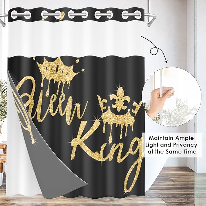 King and Queen No Hook Shower Curtain with Snap in Liner, Black and Gold Glitter Bath Curtain with Double Layers Waterproof Fabric and Mesh Top Window 71x74 Inch