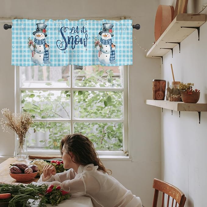 Snowman Christmas Valance Curtains for Kitchen Windows Let It Snow Winter Holiday Rod Pocket Window Treatment Toppers for Kitchen/Living Room/Bedroom/Bathroom, 60" X 18", Blue White Buffalo Plaid