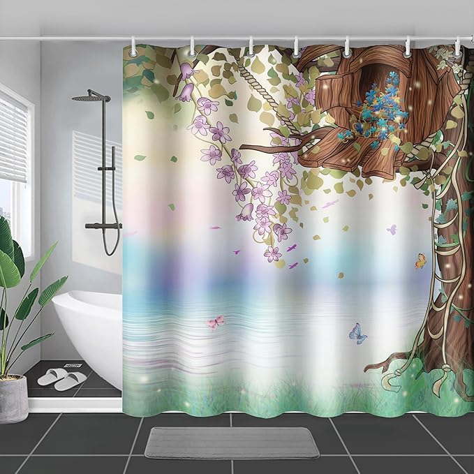 AILONEN Yellow Tree Leaves Shower Curtain,Botanical Floral Plants Vine Shower Curtain,Butterfly Floral Shower Curtain for Bathroom Decor Polyester Waterproof with Grommets and Hooks 72" W*84" H