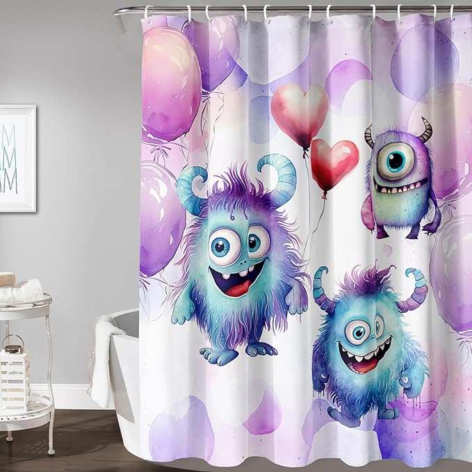 AILONEN Monster Shower Curtain for Bathroom, Cute Monster Purple Balloon Printed Bath Curtain,Women Girls Kids Minimalist Waterproof Fabric Shower Curtain Set with Hooks 48" W*72" H