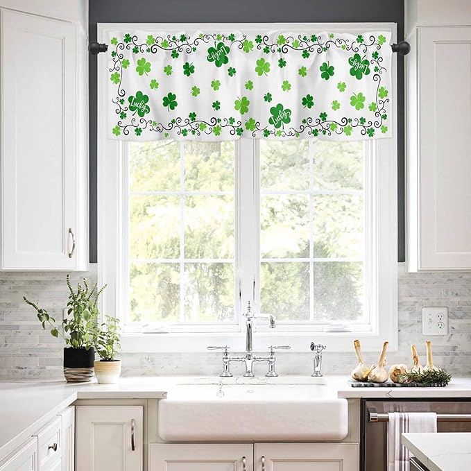 St. Patrick's Day Kitchen Curtains and Valances Set, Green Shamrock Irish Clover Window Tiers Seasonal Spring Holiday Half/Short Curtains for Small Windows Cafe /Living Room/ Bedroom 54x 36 in