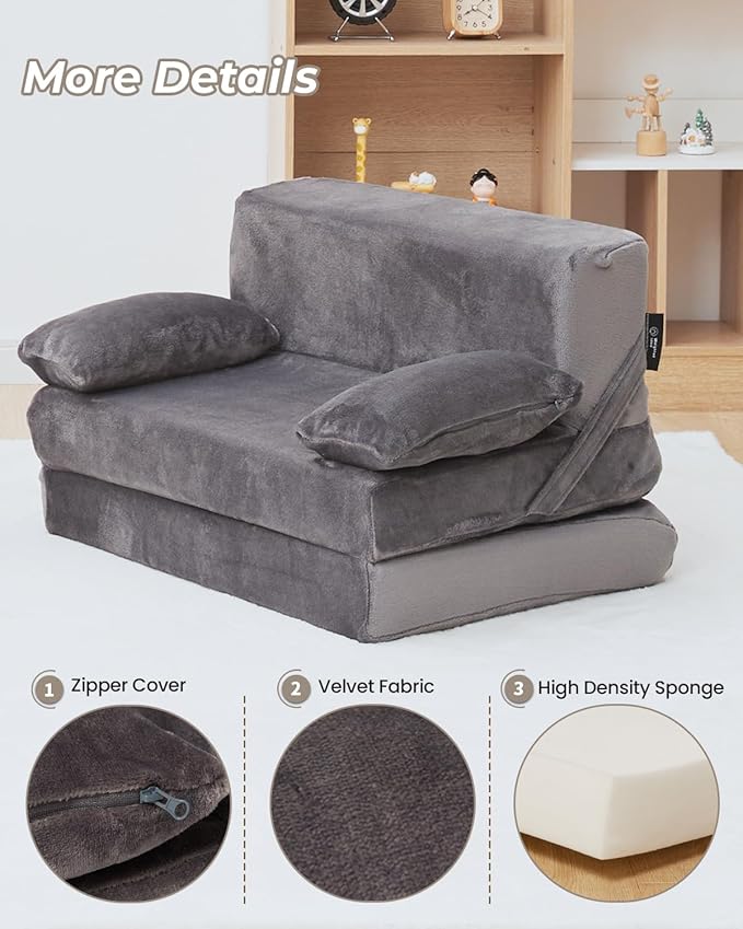 Weighted Idea 2-in-1 Kids Sofa Couch Fold Out for Girls and Boys, Folding Toddler Chairs Comfy Children Couch Baby Recliner, Convertible Sofa to Lounger for Reading Sleeping (Grey, 23.5x18x16 inches)