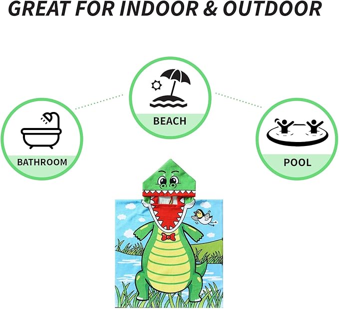 NovForth Kids Beach Towel for Boys Girls, Alligator Hooded Bath Towel Wrap, Toddler Pool Towel with Hood
