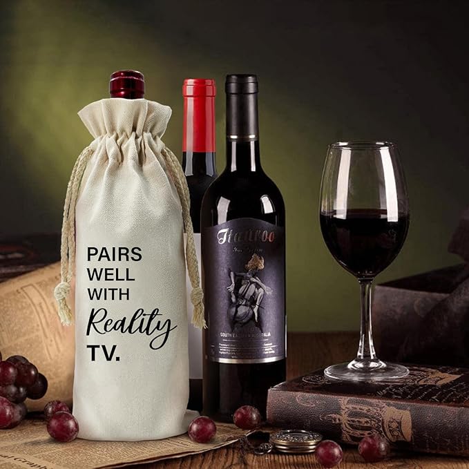 ZHANTUONE,Pairs Well With Really TV,Funny Birthday Gift Ideas Wine Bag,Drawstring Polyester Cotton Cloth Wine Bag,For Friend Boss Teacher Wine Lovers Reusable Wine Wrap Bag,13IN