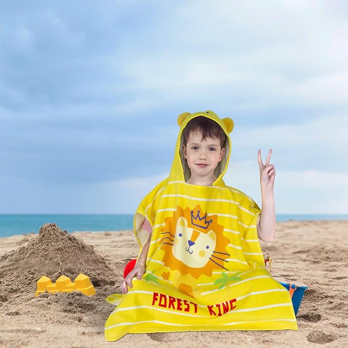 Toddler Bath Towel Hooded - Cotton Kids Beach Towel 24"x24" for Ages 1 to 5, Toddler Towels with Hood Snaps, Soft Terry Poncho Towel as Pool Swim Cover Ups for Girls Boys (Lion Yellow)