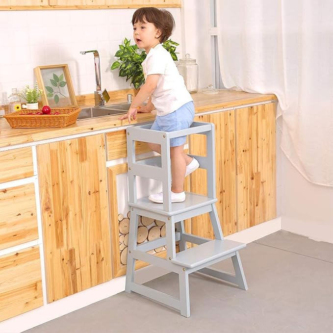 SDADI Kitchen Step Stool for Toddlers and Kids Ages 18 Months to 3 Years Old with Adjustable Height and Solid Wood Railings, Gray