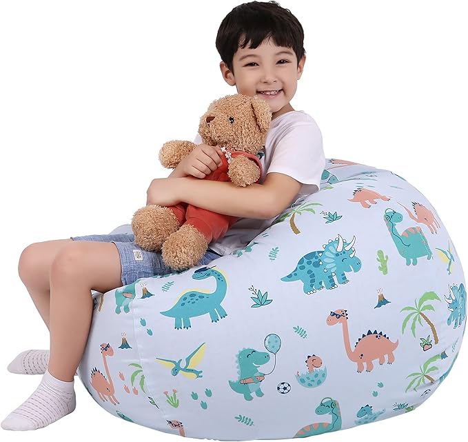 Lukeight Stuffed Animal Storage Bean Bag Chair Cover for Kids, Dinosaur Zipper Beanbag Chair Cover for Organizing Toddler and Kids' Rooms Plush Toys (Dinosaur Blue, X-Large)