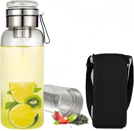 32OZ Borosilicate Glass Infuser Water Bottle,Glass Tea Tumbler with Strainer and Anti-slip Sleeve, Sport Water Bottles for Gym Hiking Camping