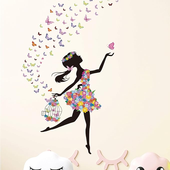 Flower Fairy Wall Decals Peel and Stick Large Princess Wall Decals for Girls Bedroom with Birdcage Pink Butterfly Wall Decor Stickers for Baby Girl Nursery Living Room Classroom (2 Sheets)