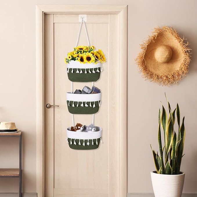 Over The Door Hanging Basket Boho Woven Wall Hanging Baskets 3-Tier Cotton Wall Mounted Storage Organizer Bag Macrame Decorative Hanging Baskets for Kitchen Laundry Room Stairs(White, Green)