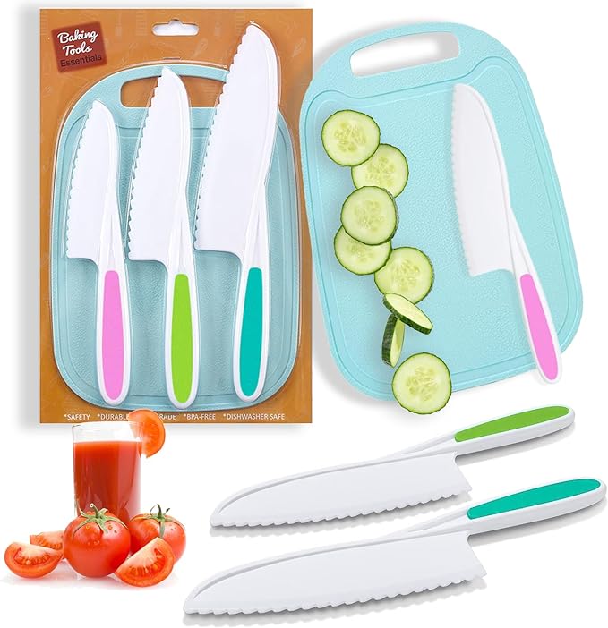 Kids Knife Set for Real Cooking, 4 Pieces Toddler Knife Set, Nylon Kitchen Baking Knife with Cutting Board, Firm Grip, Serrated Edges Kids Knives for Cutting Cakes, Fruit, Veggies & Bread