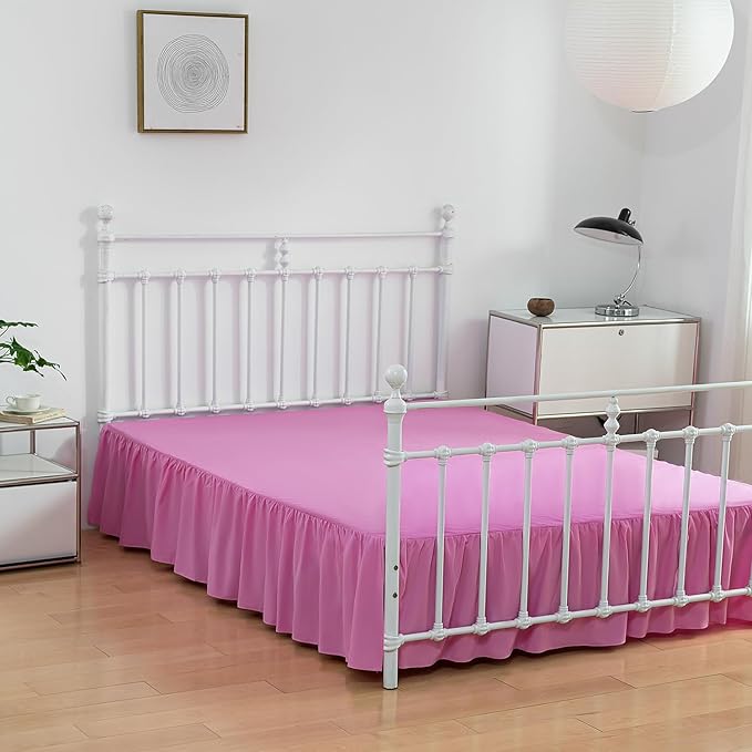 Bed Skirt Full Size Ruffled Bed Skirts with Split Corners, 14 Inch Drop Dust Ruffle Bed Skirt with Platform, 14 Inch Drop, Pink