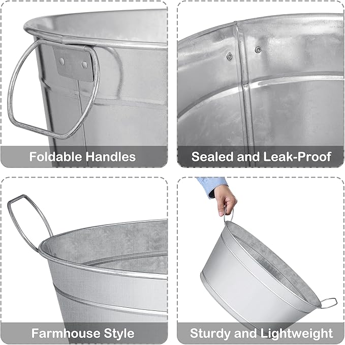 Large 6-Gallon Galvanized Tin Beverage Tub with Handle, Rust-Resistant Metal Beer Bucket for Ice, Drinks and Beer Bottles, Lightweight and Durable, 20x14x10 inches (Pack of 2)
