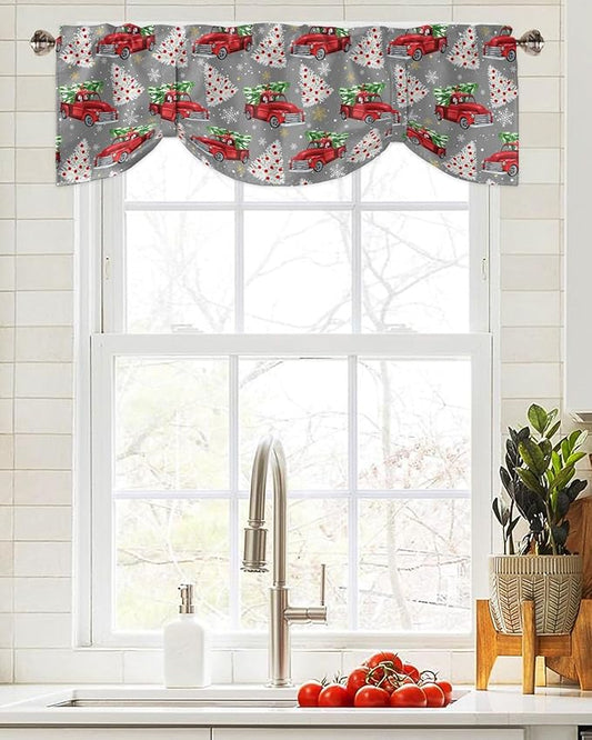 Red Truck Christmas Blackout Tie Up Valance Curtains for Kitchen Windows Merry Christmas Tree Window Toppers Balloon Shades for Living Room/Bathroom/Bedroom,1 Panel, 54" X 18", Winter Snowflake Grey