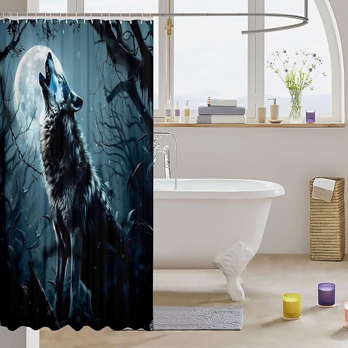 Feelyou Wolf Bath Curtain Wolves Howling Shower Curtain for Kids Lonely woles Bathroom Shower Curtain Set Animal Wolves Kids Bathroom Accessories 72"x78"