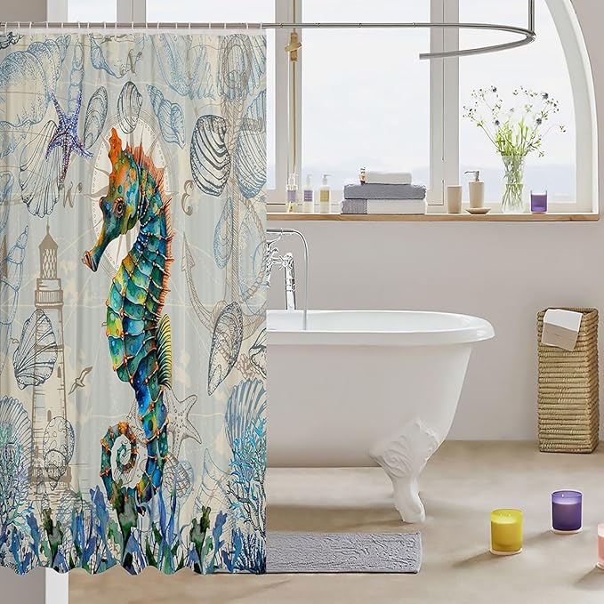Feelyou Seahorse Fabric Shower Curtain Under Sea Animals Shower Curtain for Kids Shells and Corals Bathroom Waterproof Accessories with 12 Hooks Watercolor Green and Brown Curtains,72X78 Inches