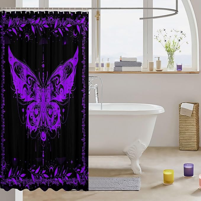 Feelyou Boho Purple Butterfly Fabric Shower Curtain Bohemian Moth Shower Curtain for Kids Boys Girls Moon Galaxy Bathroom Waterproof Accessories with 12 Hooks Black and Purple Curtains,72X72 Inches