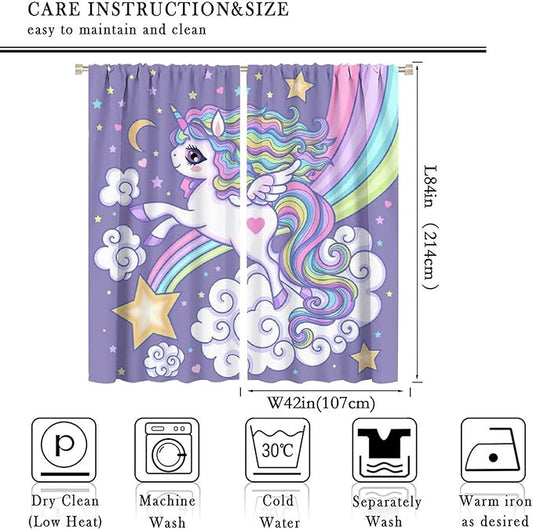 Kids Unicorn Curtains Purple Cartoon Rainbow Cartoon Room Blackout Curtains Boys Girls Baby Room Decor Curtains Living Room Decor 84x84 Inch 2 Panels