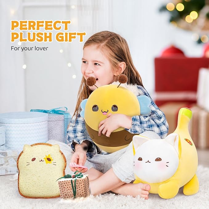 Cute Stuffed Animal Toy Fruit Plush Pillow, Funny Bee Throw Pillow, Soft Food Shape Hugging Pillow Plushie for Boys Girls Birthday Toy