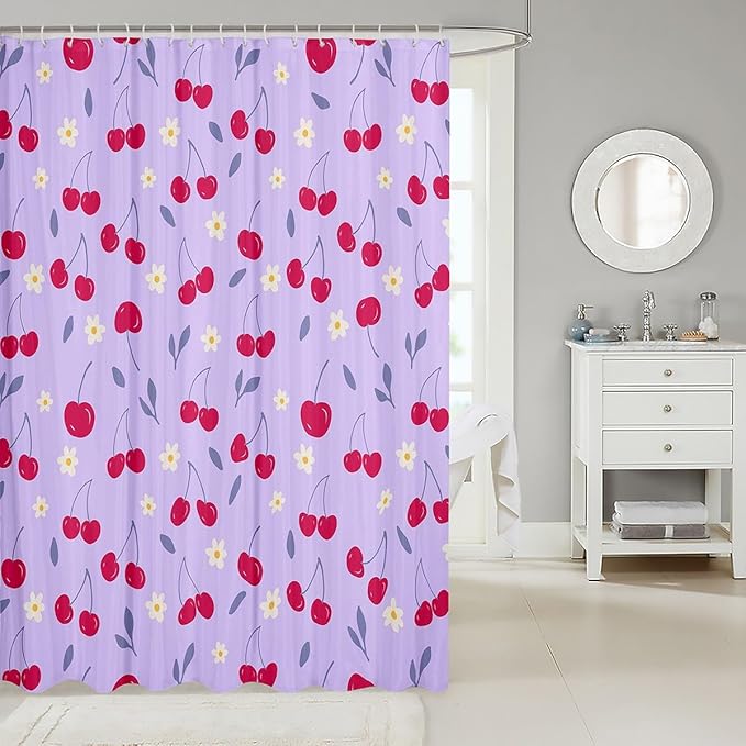 Feelyou Cherry Fabric Shower Curtain Fruits Shower Curtain for Kids Boys Girls Green Leaves Bathroom Waterproof Accessories with 12 Hooks Light Purple and Red Curtains,72X72 Inches