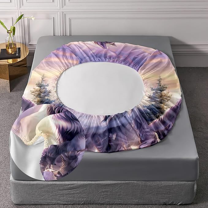 AILONEN Wolf Fitted Sheet Set Queen Snow Wolf Bed Sheet Set, Wolfmother and Wolf Pups Theme Bedding Set 3 Pieces Wildlife Wolf Sheet Set for Boys Girls,1 Fitted Sheet with 2 Pillowcases