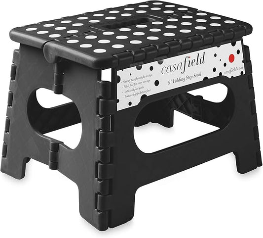 Casafield 9" Folding Step Stool with Handle, Black - Portable Collapsible Small Plastic Foot Stool for Kids and Adults - Use in The Kitchen, Bathroom and Bedroom