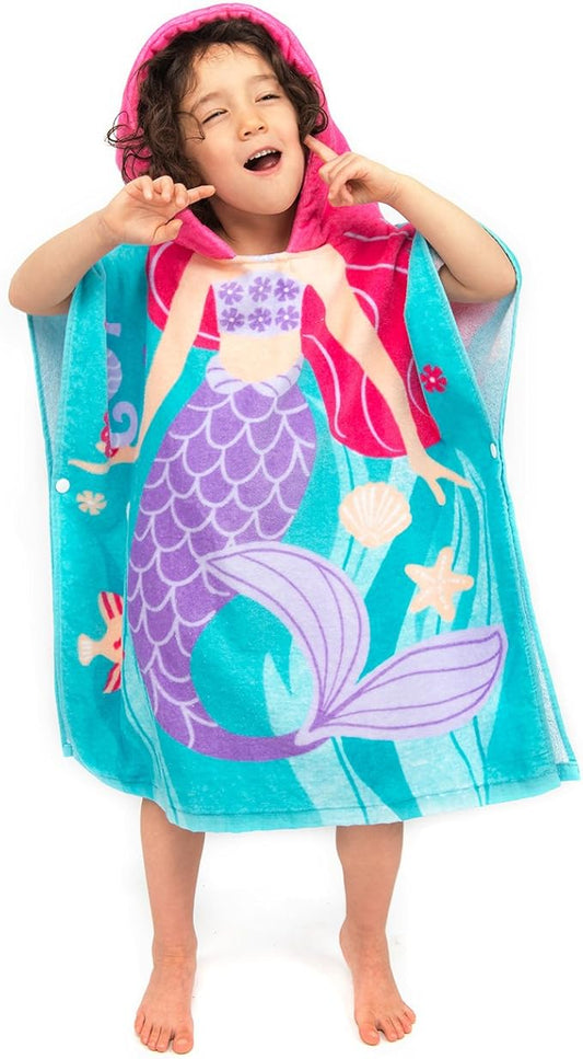 Toddler Hooded Beach Towel Coverup Cape Kids 100% Cotton Soft Quick Dry Absorbent Use for Swim Pool Bath Poncho Towels for 2 to 6 Years Old Children Size 24"x 47" in Full-Length (Fancy Mermai')