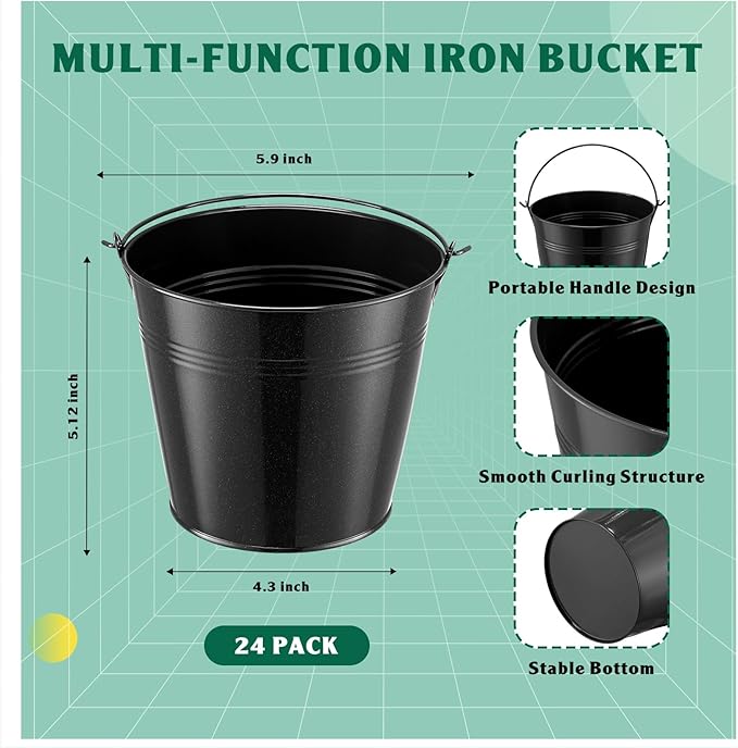 Rtteri 24 Pcs Metal Bucket, Small Metal Bucket, Party Favor Buckets with Handle, 6 x 5 Inch Ice Bucket for Kids, Flower Pot Plant Basket, Mini Toy Containers for Crafts Candy (Black)