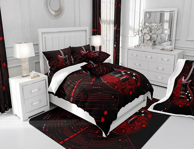 Feelyou Red Guitar Bathroom Waterproof Accessories with 12 Hooks Guitar Instruments Fabric Shower Curtain for Boys Girls Rock Music Shower Curtain Splash-Ink Curtains,72x78 Inches