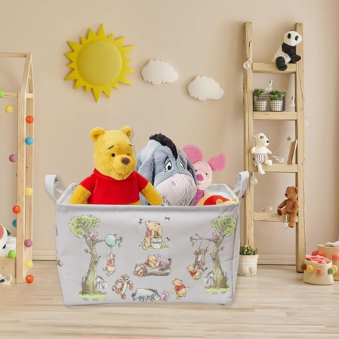 Winnie Storage Nursery Basket, Large Square Canvas Laundry Hamper With A Waterproof PE Coating, Foldable, Bathroom and Bedroom Set, Clothes ,Toys Bin, Baby Nursery Hamper Decor(Grey)