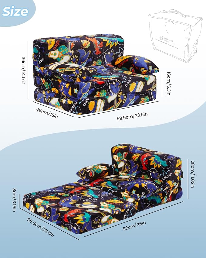 Weighted Idea 2-in-1 Kids Sofa Couch Fold Out for Girls and Boys, Folding Toddler Chairs Comfy Children Couch Baby Recliner, Convertible Sofa to Lounger(Blue Dinosaur, 23.5x18x16 inches)