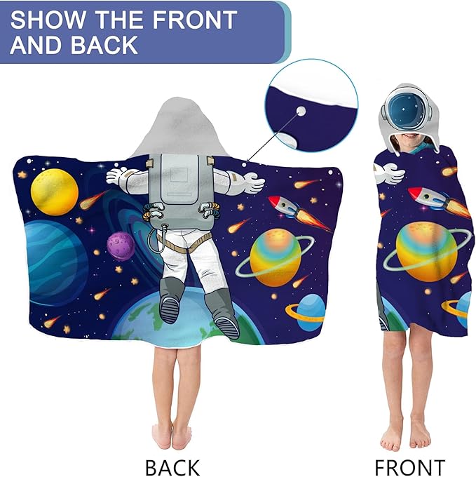 Kids Beach Towel, Kids Bath Towels with Hood, Outer Space Theme Hooded Towel for Boys Girls 30"x50", Cool Kids Towel Gifts Cartoon Microfiber Soft Bath Towel Poncho Bathrobe Wrap Robe for Swin Pool