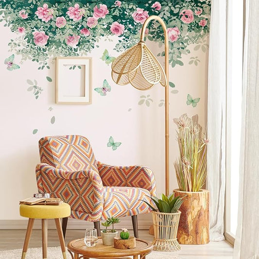 Pink Rose Wall Stickers - Stylish Home Decor with Green Leaves, 30x90cm