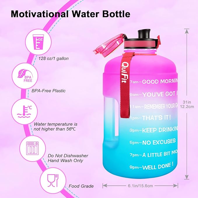 QuiFit 1 Gallon Water Bottle - 128 oz Water Bottle with Times to Drink - BPA Free Motivational Water Bottle with Infuser - Large Water Bottle - Sports Water Bottle 1 Gallon in Gym(Pink/Blue, 1 Gallon)