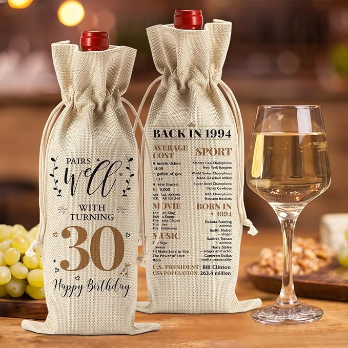 30th Birthday Gifts for Her Women Men, Best Gift for 30 Year Old Man Husband Wife Friends Him Her, Vintae Happy 1994 30th Birthday Anniversary Decorations Wine Bag?Wine Gifts Wine Gift Bag