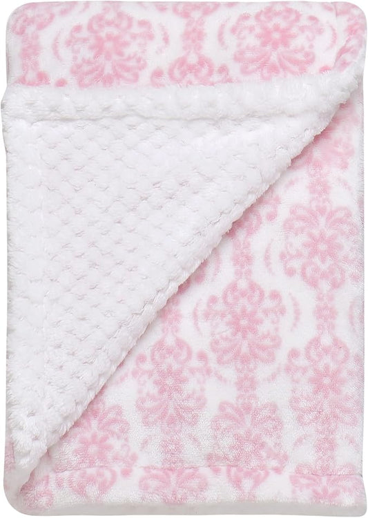 Little Me Plush 2-Ply Baby Blanket, 2 Sided Reversible, 30" x 40" (Pink Damask Print)