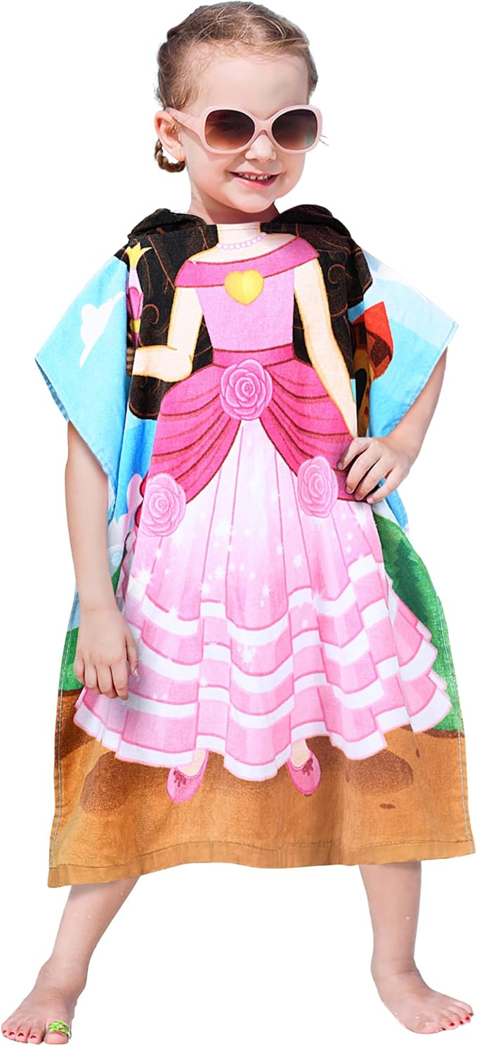 Catalonia Princess Hooded Bath Towel for 2 to 6 Years Girl, 100% Cotton Water Absorption Beach Poncho Swim Changing Robe, Sand Proof