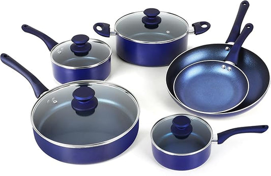 Clockitchen Non Stick Pots and Pan Set, Ceramic Cookware Set with Stay-Cool Handles, 10pcs Blue Induction Cooking Set Suitable for Gas, PFOA Free