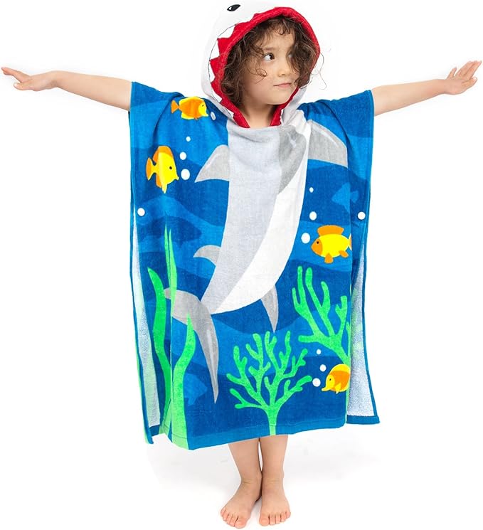 Toddler Hooded Beach Towel Coverup Cape Kids 100% Cotton Soft Quick Dry Absorbent Use for Swim Pool Bath Poncho Towels for 3 to 8 Years Old Children Size 24"x 55" in Full-Length (Brave Shark)