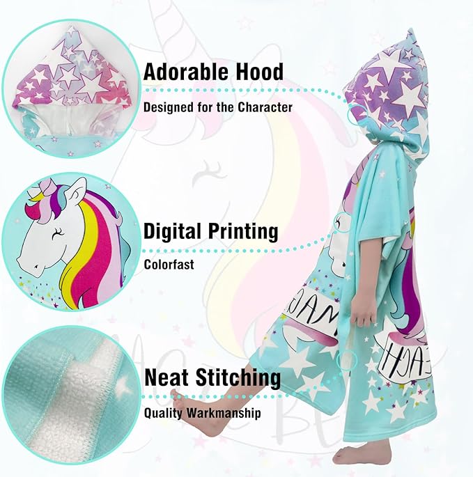 Hooded Kids Beach Towels - Toddler Bath Towel Girls Boys Swim Cover-ups for Ages 1 to 6 Kids Pool Towels Quick Dry Lightweight Soft Microfiber Poncho Towel 24x23 (Unicorn Aqua)