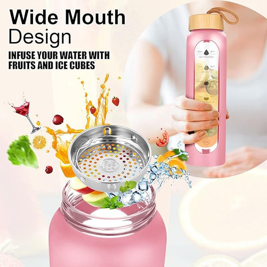 32 Oz Borosilicate Glass Water Bottle with Times to Drink | BPA Free - Reusable Wide Mouth Glass Motivational Water Bottles with Infuser & Silicone Sleeve (pink)