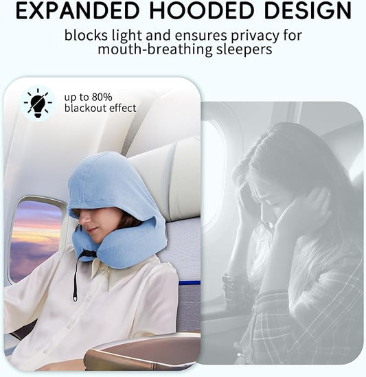 Travel Pillow with Hood for Airplane, 100% Pure Memory Foam Hooded Neck Pillow for Traveling, Car, Office, Soft, Machine Washable, Easy Storage, Blue