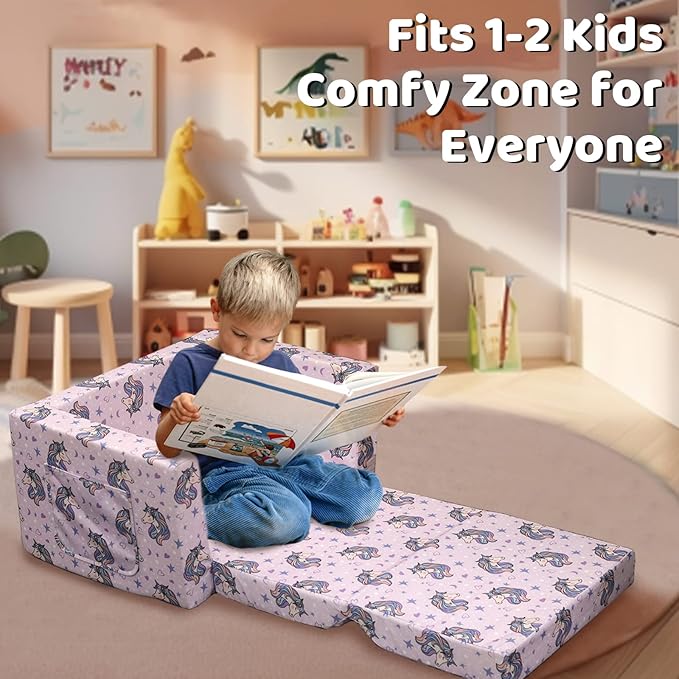 Kids Sofa, Children's 2 in 1 Convertible Relaxing Sofa to Lounger - Extra Soft Flip Open Chair & Sleeper, Cute Dinosaur Print Toddler Chairs Kids Couch for Kids Girls Boys, Polyester