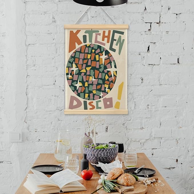 BIWSHA Kitchen Disco Posters Retro Preppy Disco Ball Canvas Poster Framed Hanger 12x16 Inch,Trendy Funny Disco Poster Framed with Wood Hanger for Home Kitchen