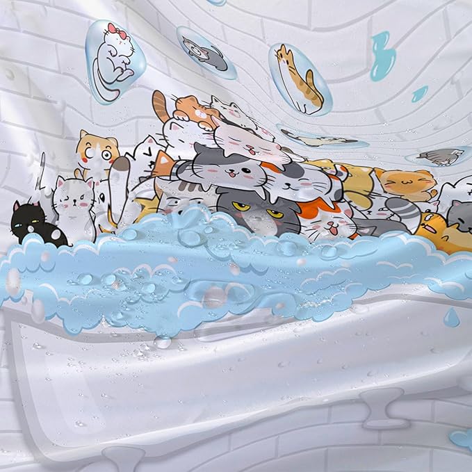 AILONEN Cute Cats Shower Curtain Raining for Kids 48" W*72" H Inch,Kawaii Hilarious Pet Playing Water Shower Curtain,12 Pack Hooks Polyester Waterproof Fabric Decor for Bathroom Bathtub Panels