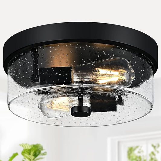 Black Flush Mount Ceiling Light Fixtures, 2-Light Ceiling Mount for Farmhouse with Seeded Glass Lampshade, Industrial Flush Mount Light Fixture Farmhouse for Hallway, Kitchen, Entryway and Foyer
