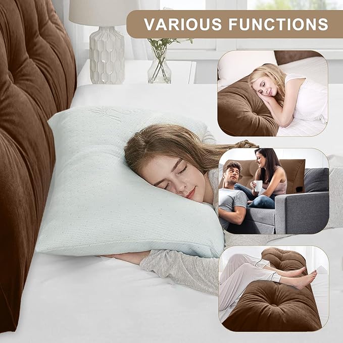 Large Triangular Headboard Pillows Long Backrest Positioning Support Bolster Cushion for Daybed Fluffy Quality Plush Body Wedge Pillow with Removable Cover(Dark brown-King-76x8x20in)