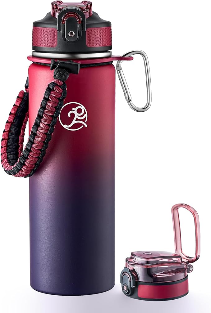 GOSWAG Insulated Sports Water Bottle, 24oz 2 Lids(with Straw/No Straw), Stainless Steel Water Bottles with Paracord Handle, Insulated Thermos with Double-Wall Vacuum Insulation