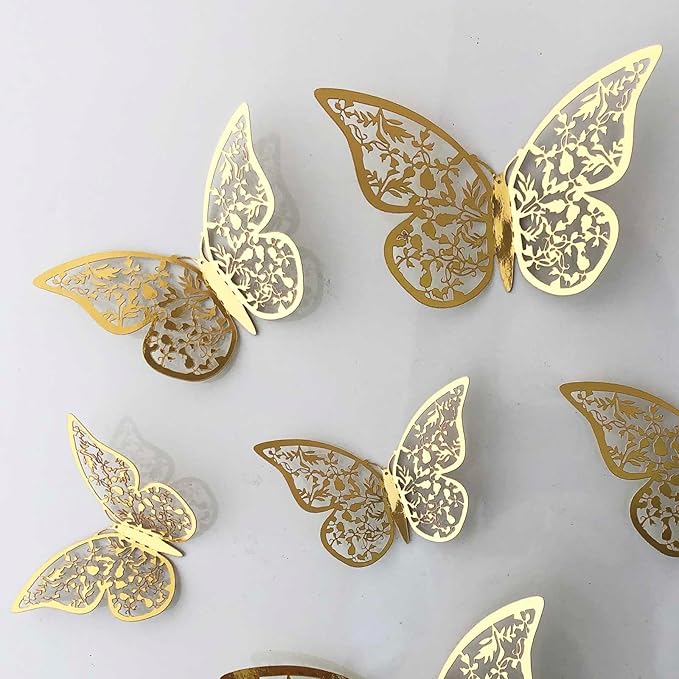 72Pcs 3D Butterfly Wall Decor 3 Sizes 3 Styles, Removable Butterfly Stickers Wall Decals, Butterfly Decorations Party Birthday Cake Decoration for Kids Nursery Wedding Bedroom Room(Gold)